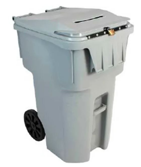 A gray trash can with a lock on the lid