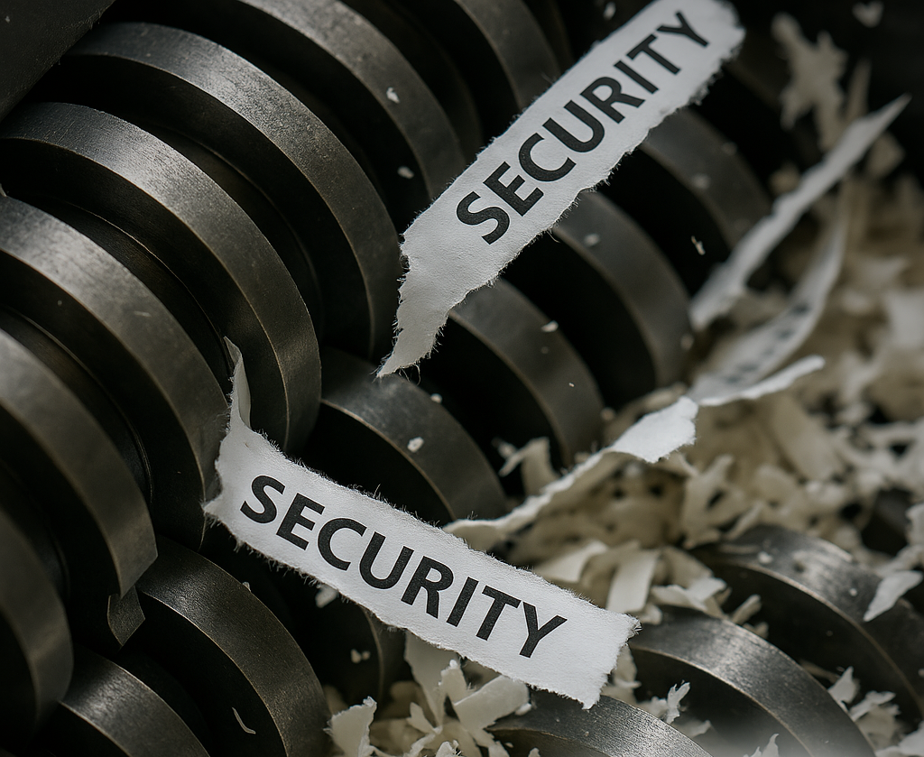 Shred blades and paper particles with a shred strip with “security” visible.