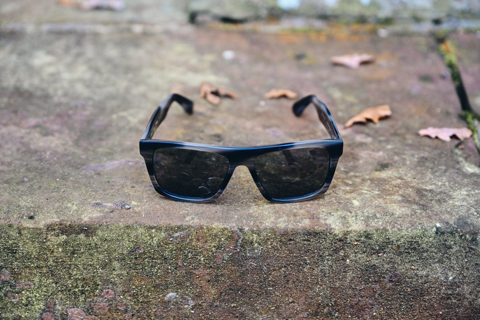 Sunglasses resting on a weathered stone step, surrounded by a few fallen leaves.