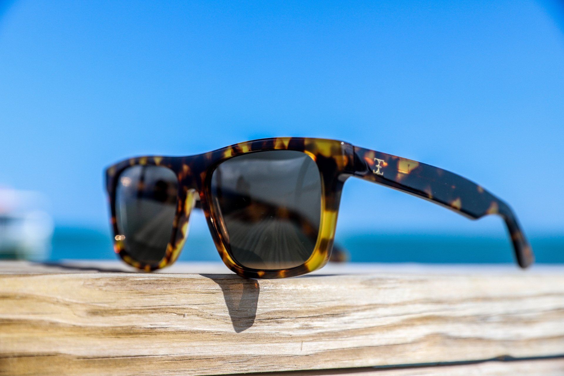 Tortoiseshell sunglasses on a wooden surface, with a blue sky and ocean in the background.