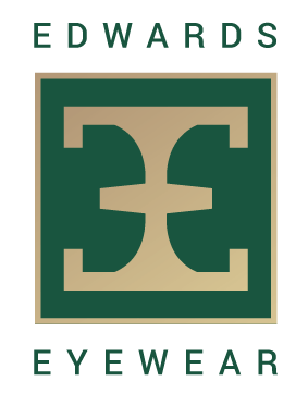 Edwards Eyewear logo with a green square, gold 