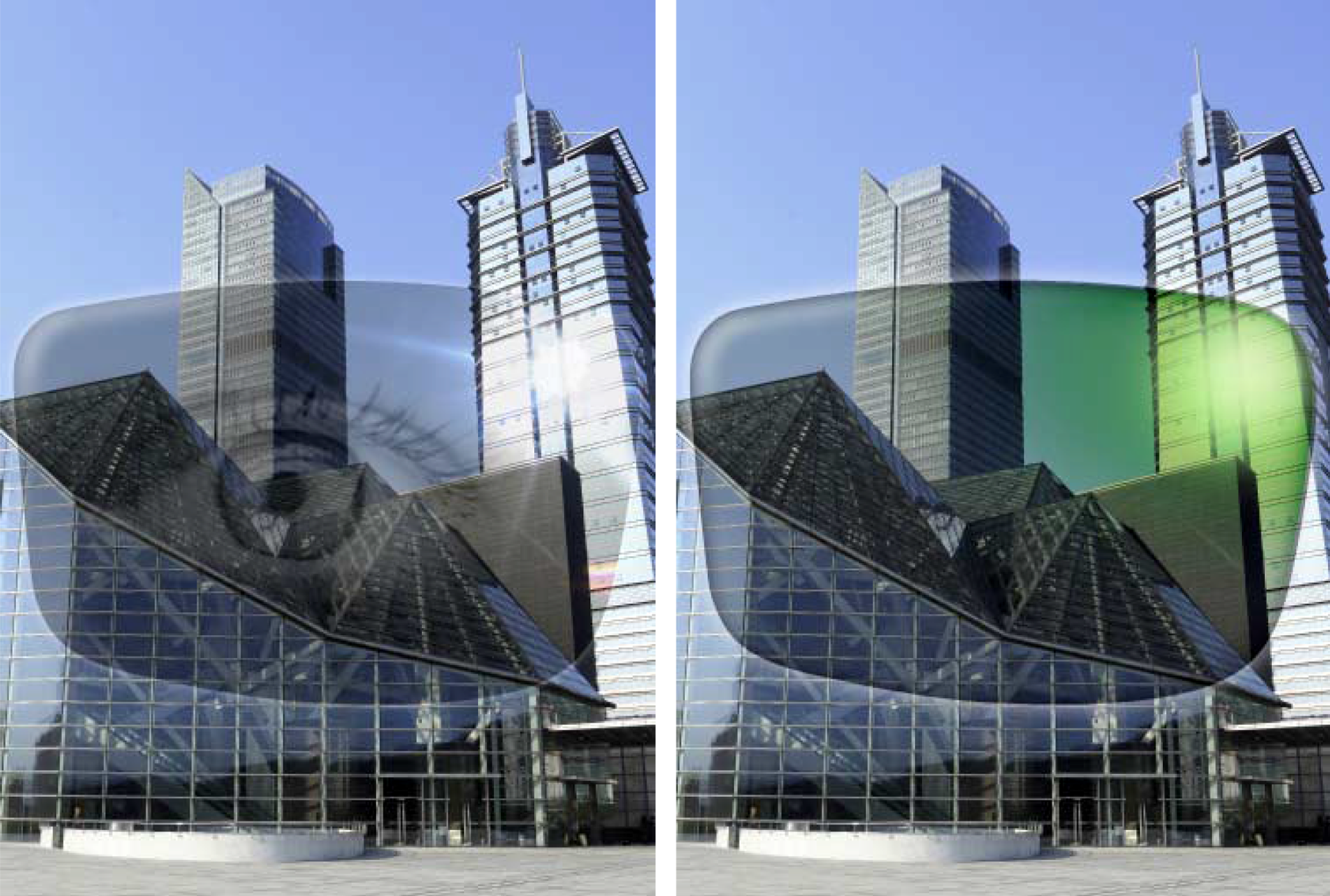 Two images of a modern glass building. Left has a dark, transparent overlay. Right has a green, transparent overlay.