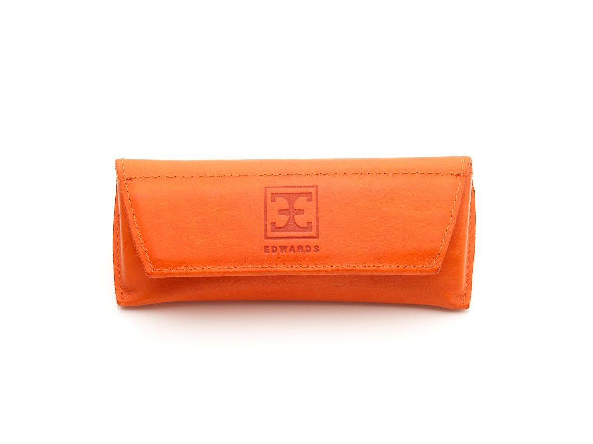 Orange leather glasses case with embossed logo.