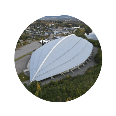 An aerial view of a large stadium surrounded by trees