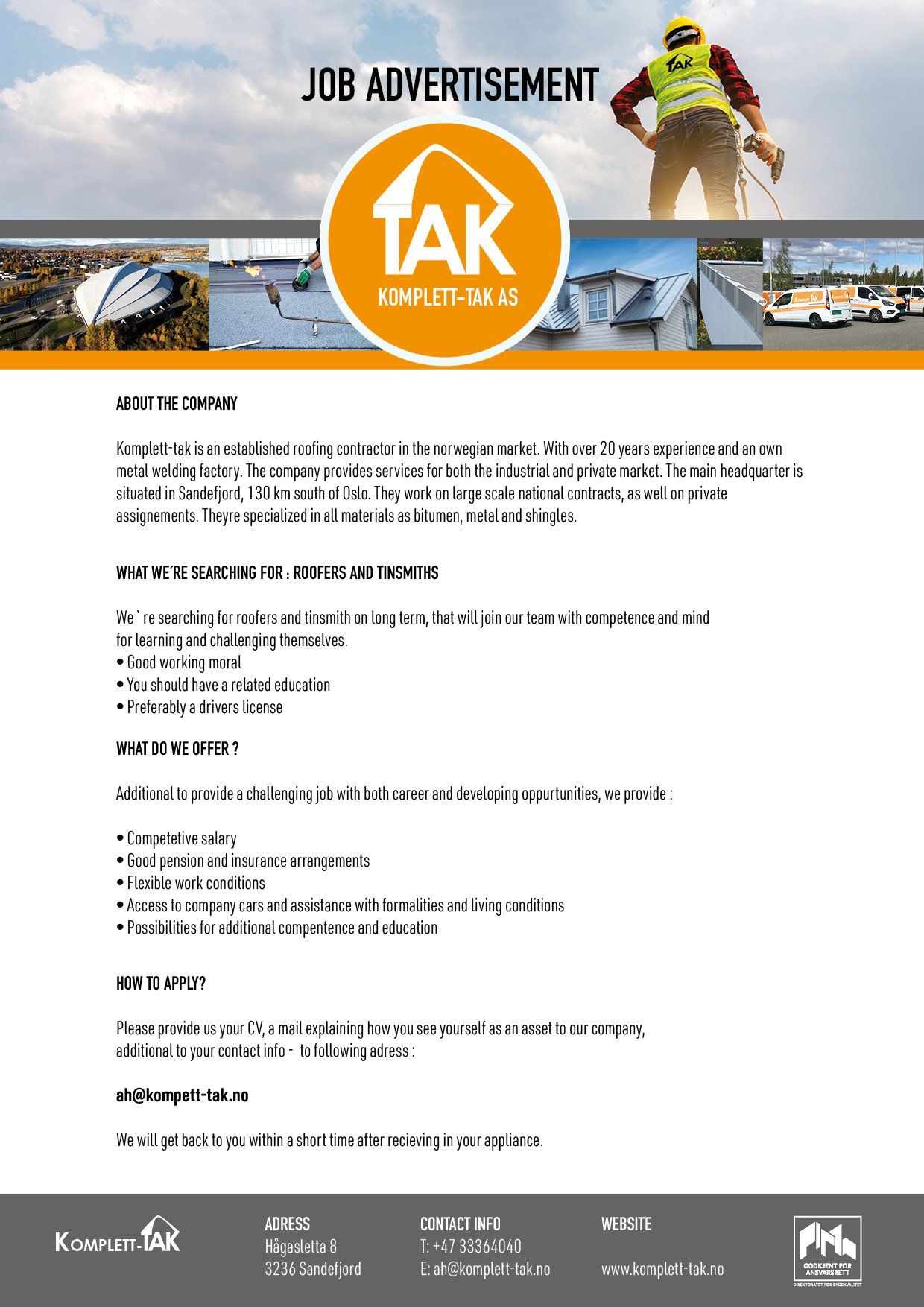 A job advertisement for a company called tak