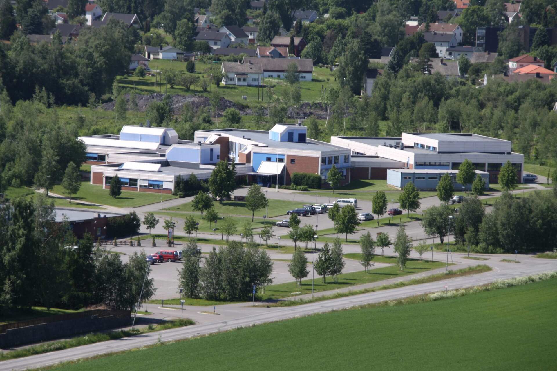 An aerial view of a school surrounded by trees and grass