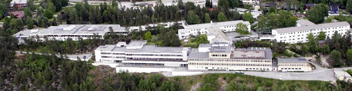 An aerial view of a large building surrounded by trees