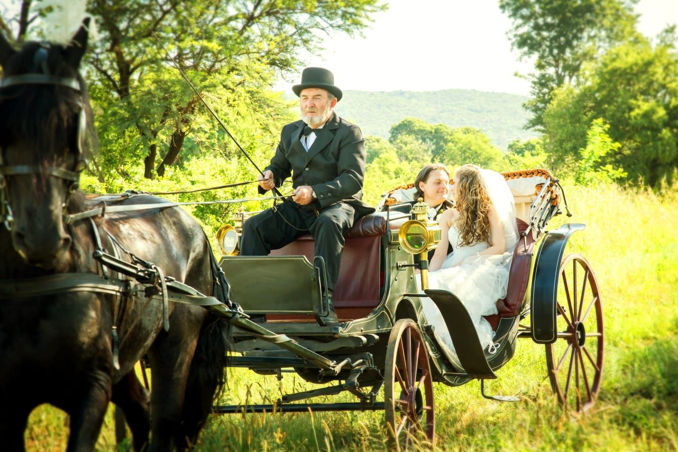 A bride and groom are riding in a horse drawn carriage at Riverside Castle.