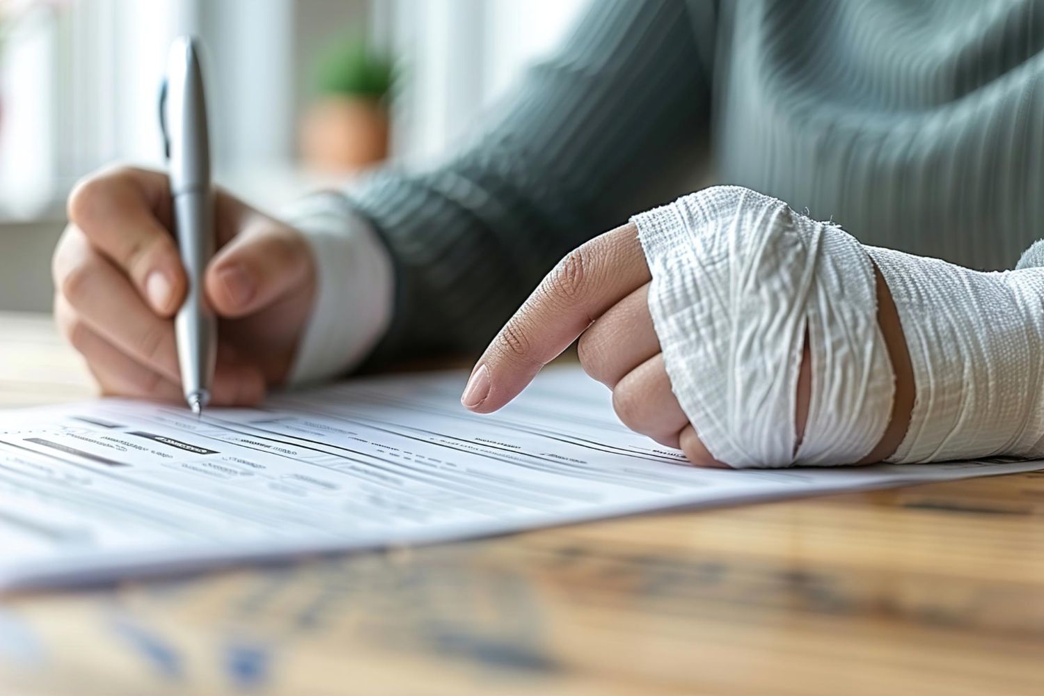 Injured accident victim with visible bandages signing documents from insurance company.