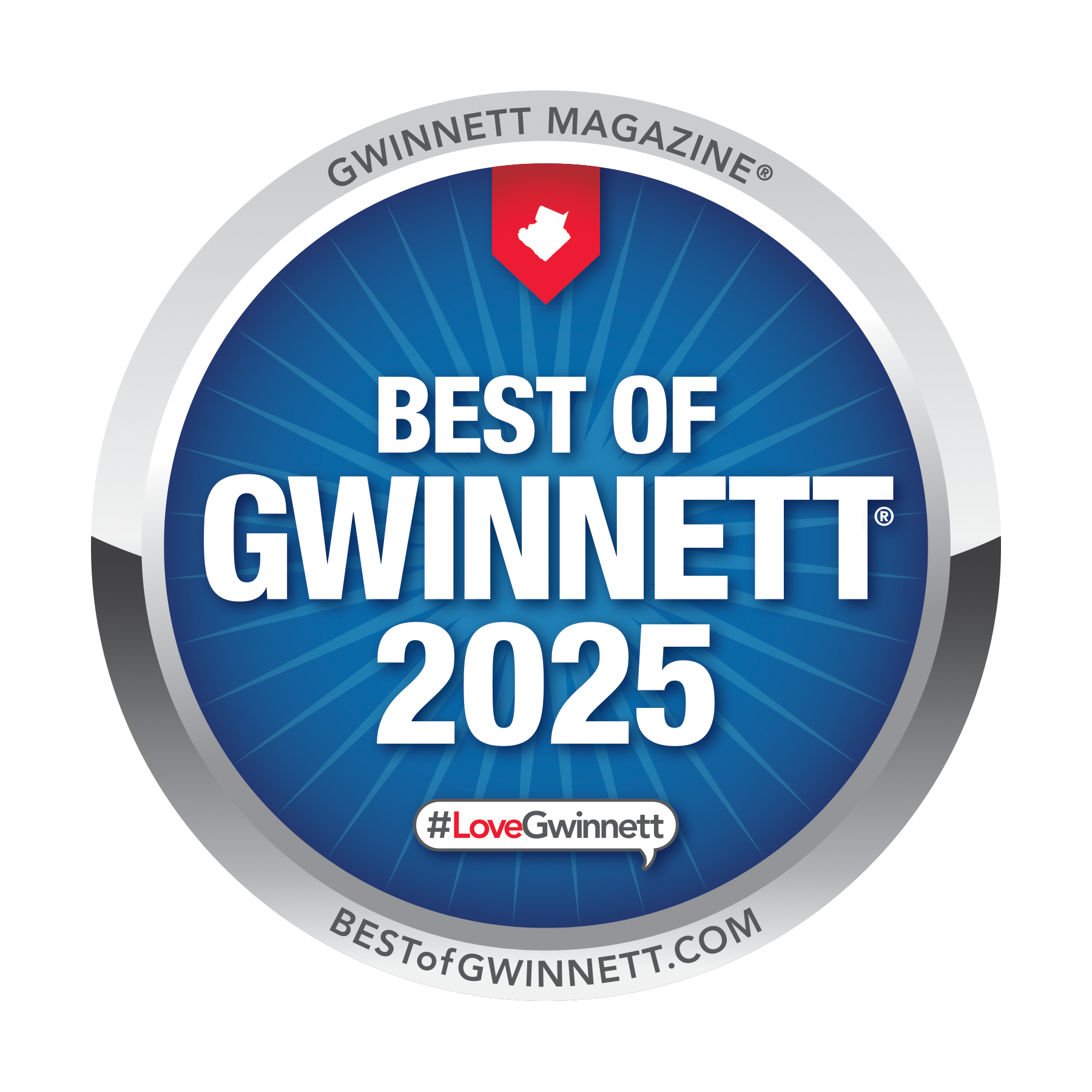 A blue circular badge reading "Best of Gwinnett 2025," featuring a red Gwinnett county outline icon and #LoveGwinnett.