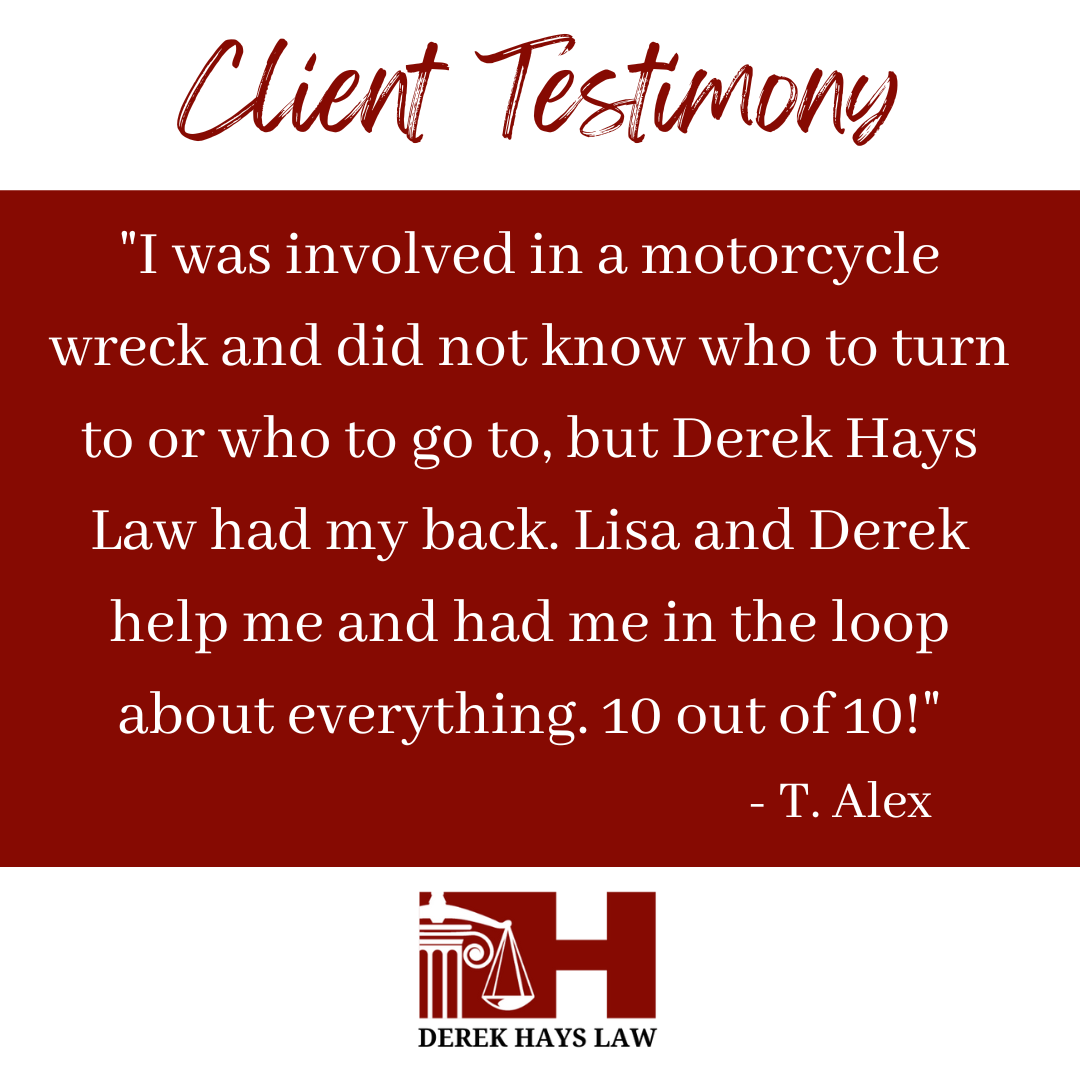 Client testimonial for Derek Hays Law: red background, text about motorcycle wreck, positive feedback, rating 10/10.