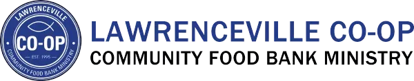 Lawrenceville Co-op Community Food Bank Ministry logo with a blue circle and text.