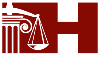 White scale of justice icon on red background, integrated with a large white 