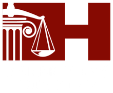 White scale of justice icon on red background, integrated with a large white