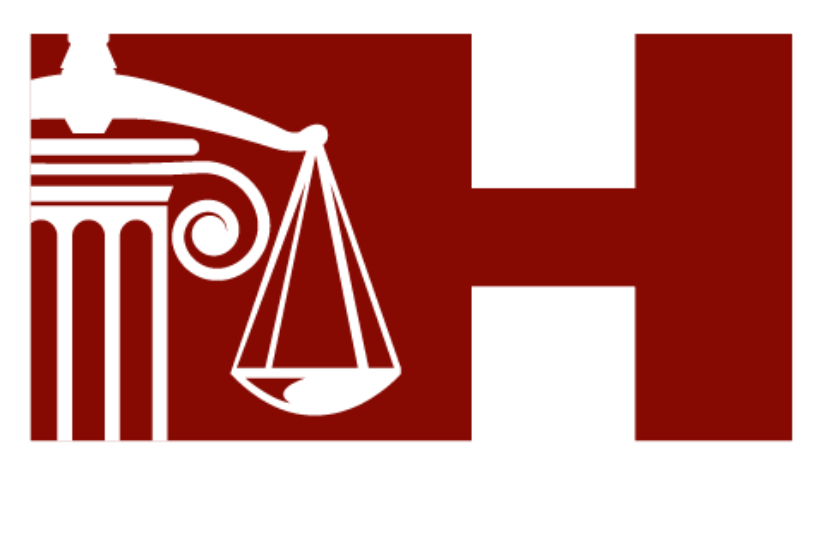 Red logo with white pillar, scales of justice, and the letter H.