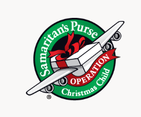 Operation Christmas Child logo: a gift box with a red bow on an airplane, within a green circle.