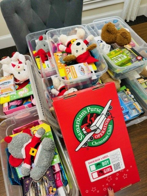 Boxes filled with toys and gifts for Operation Christmas Child.