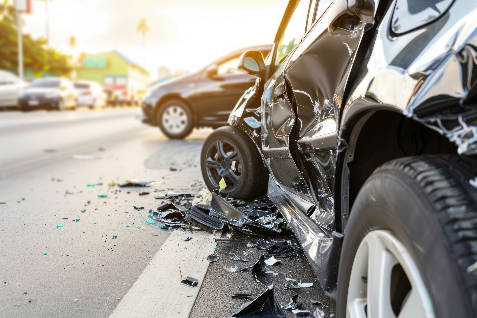 Damaged black car involved in a traffic accident, debris on the road, other cars in the background.