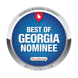 Best of Georgia Nominee.  A blue circle reading 'best of Georgia Nominee" from Georgia Business Journal