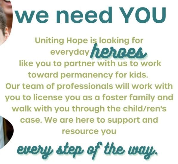 Text ad for Uniting Hope, seeking foster families. It says