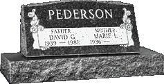 Pederson family gravestone with names David H. and Marie L. engraved on a black stone marker.
