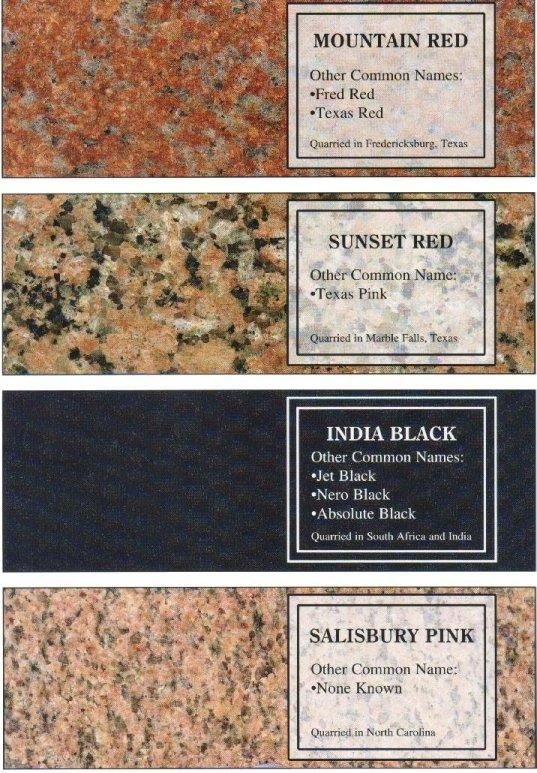 Four stone sample labels: Mountain Red, Sunset Red, India Black, and Salisbury Pink.