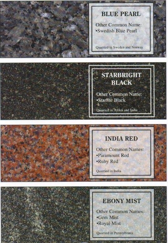 Four decorative stone samples labeled Blue Pearl, Starlight Black, India Red, and Ebony Mist.
