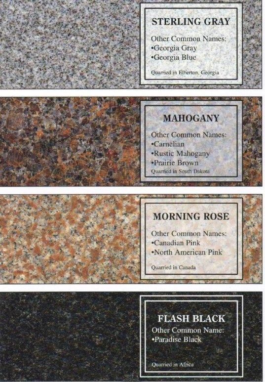 Four granite samples labeled Sterling Gray, Mahogany, Morning Rose, and Flash Black.
