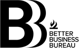 Better Business Bureau logo with a large black “B” and the BBB flame icon