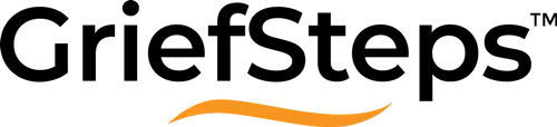 GriefSteps logo in black text with an orange curved line underneath