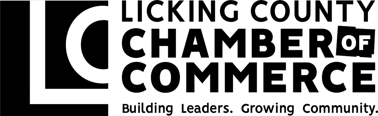 Licking County Chamber of Commerce logo in black and white with “Building Leaders. Growing Community.” tagline