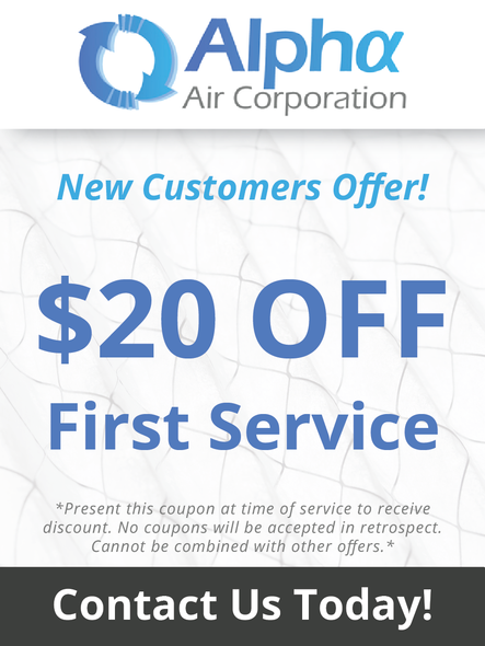 Alpha Air Corp ad. New customers get $20 off first service. Contact info at the bottom.