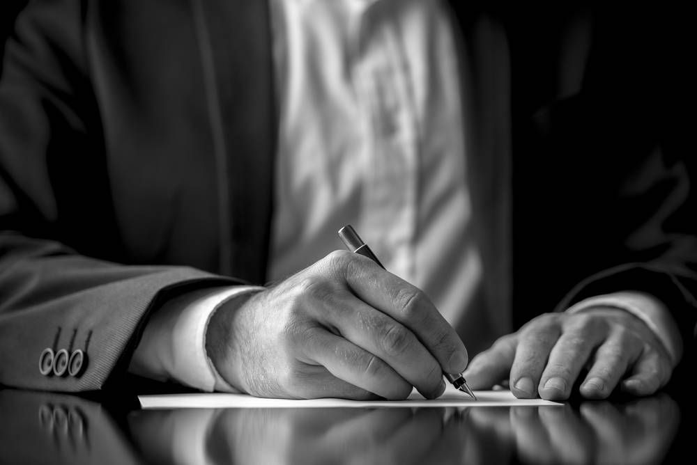 Man in Suit Writing on Paper With a Pen — Paradise Law In Redcliffe, QLD