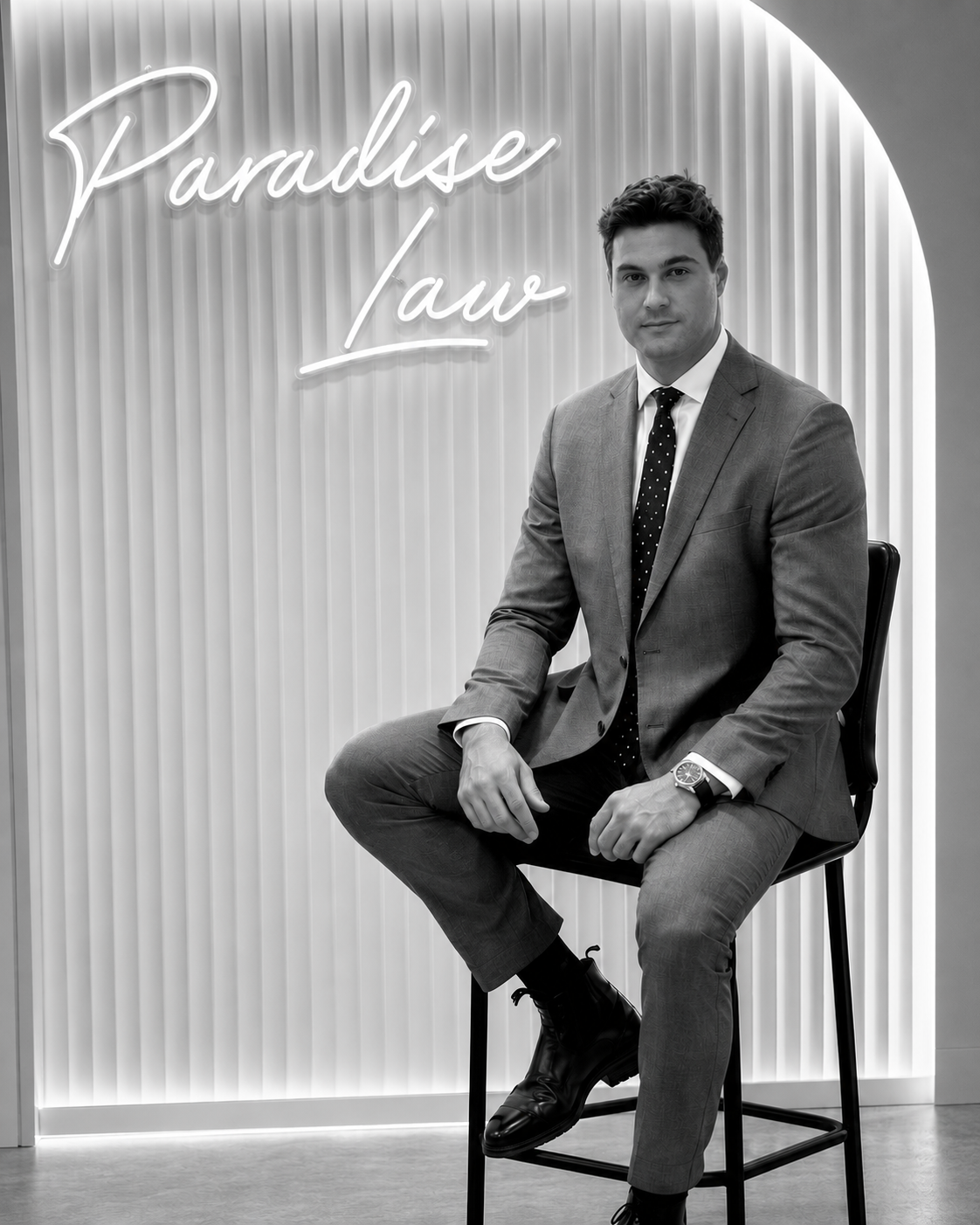 Person sitting in chair with neon Paradise Law sign in background — Paradise Law In Surfers Paradise, QLD