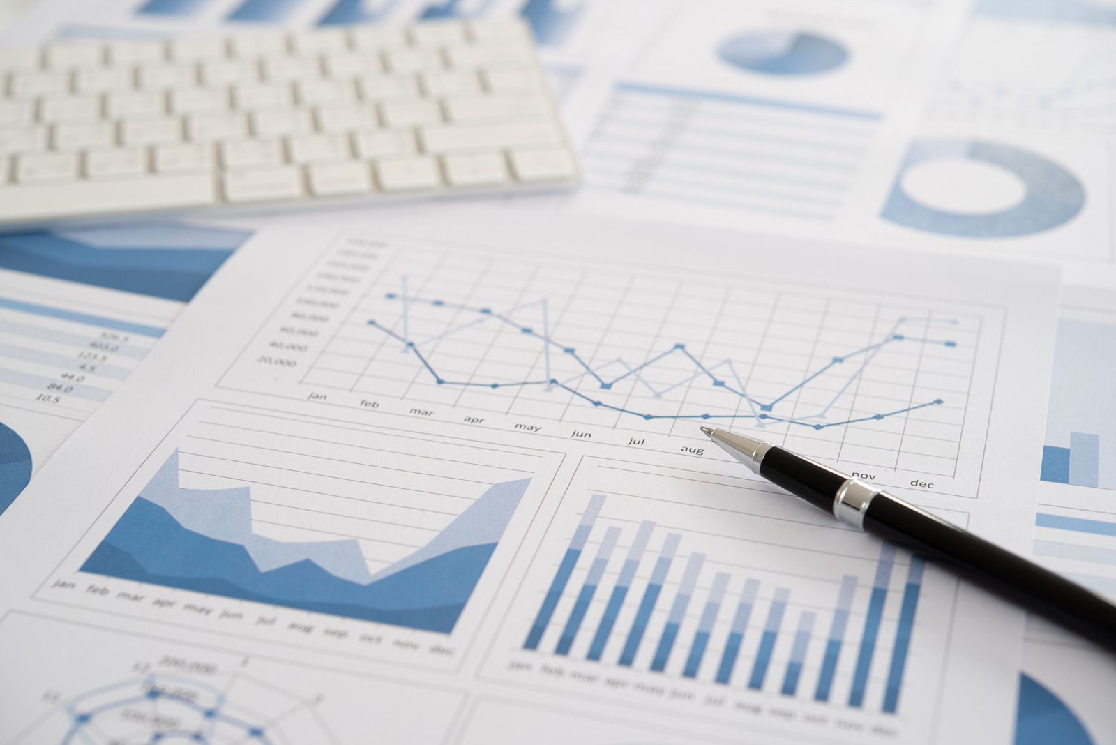 Charts and graphs with a pen and keyboard; financial analysis.