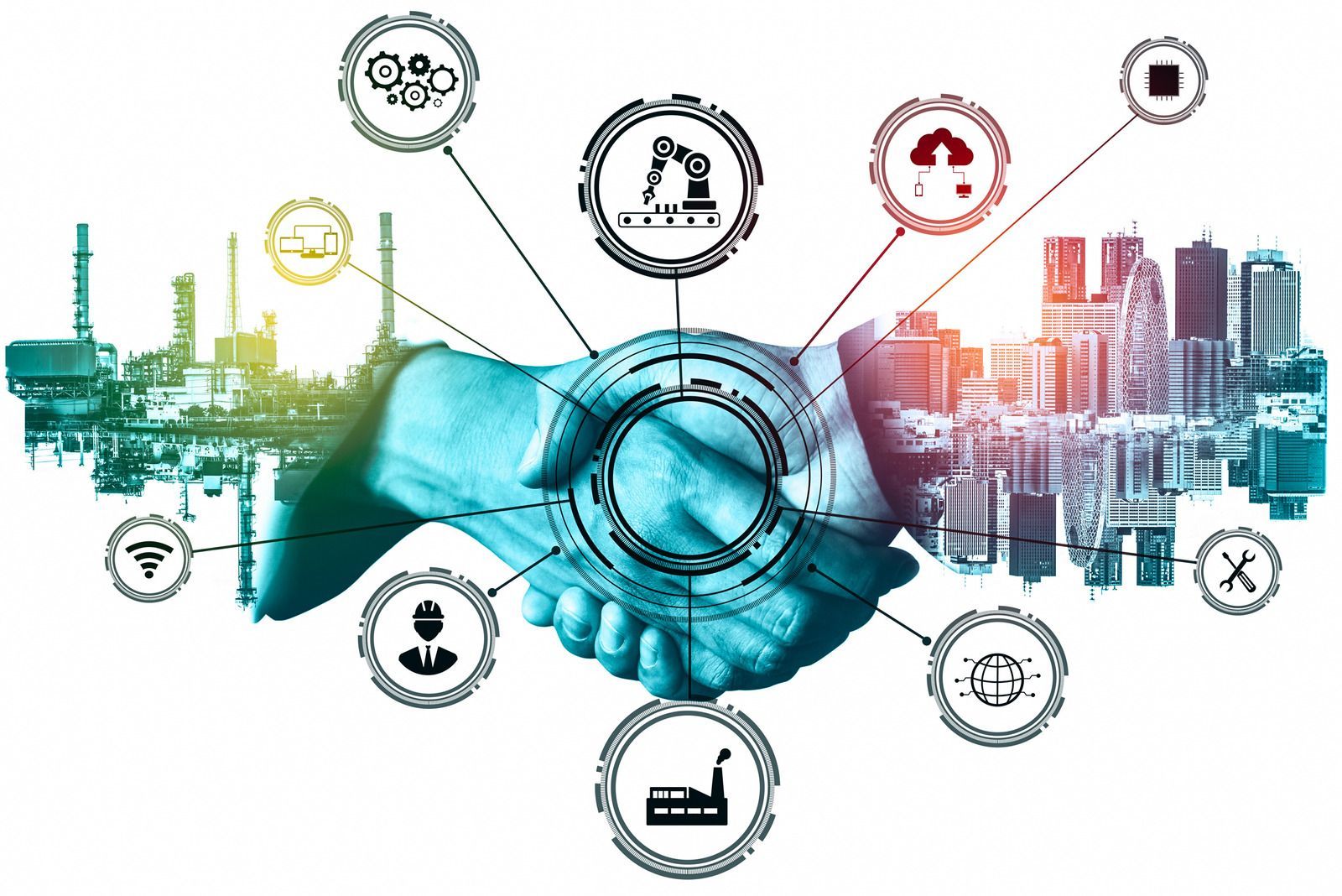 Hands shaking with superimposed industrial and technological icons and city skyline.