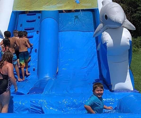 A group of children are playing on an inflatable water slide with a dolphin on it.