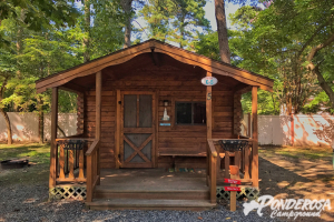 Wooden cabin with front porch in a wooded yard, framed by tall trees and a white fence.