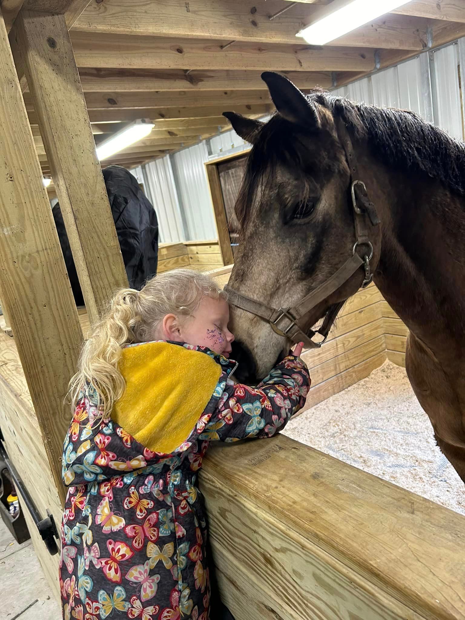 Child petting a horse over a wooden stall fence inside a stable