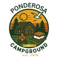 Ponderosa Campground logo with cabin, trees, campfire, sunset, bird, and s’more; family-owned since 1979