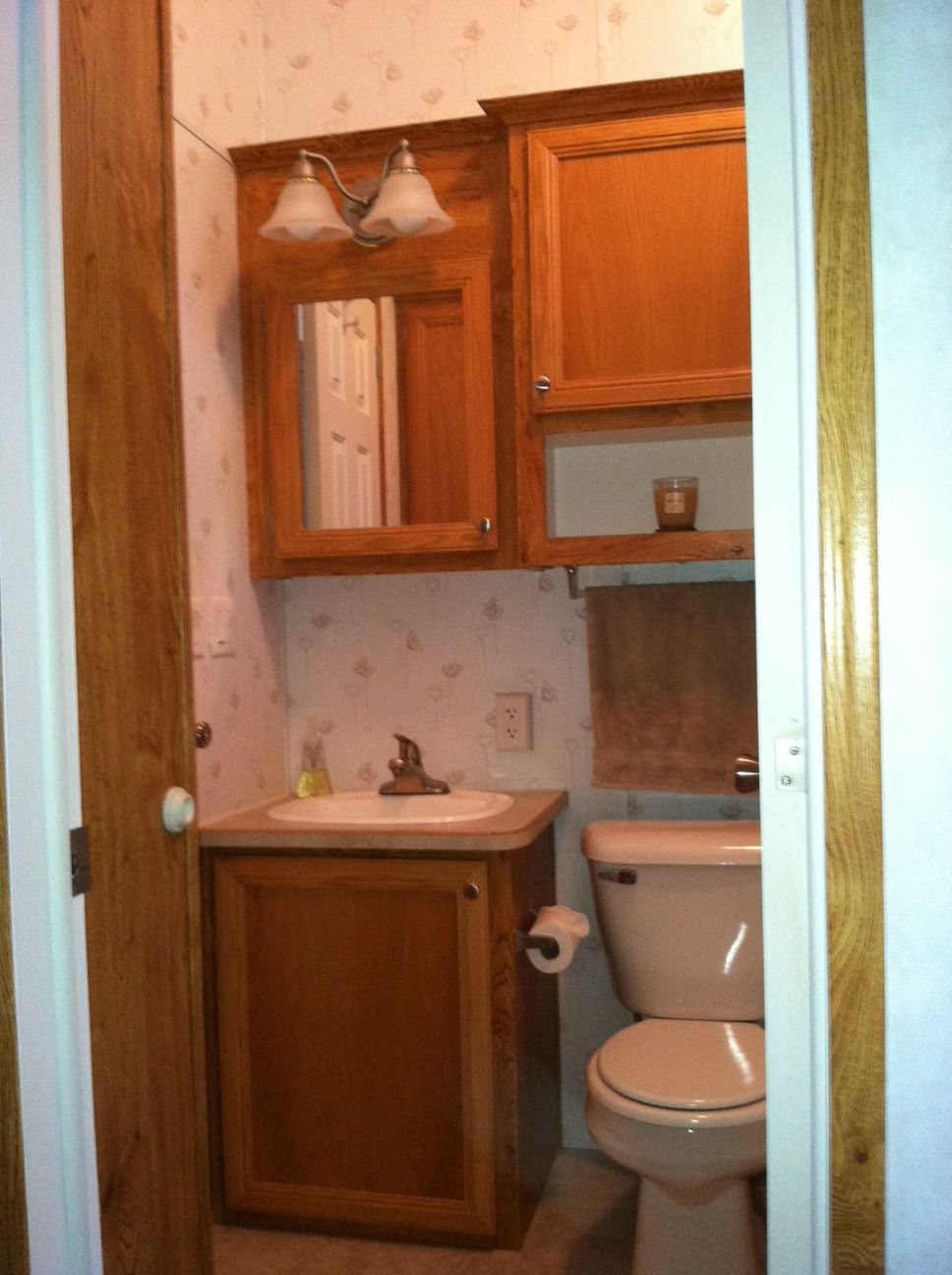 Small bathroom with wood cabinets, white sink, mirror, and toilet beneath a wall light.