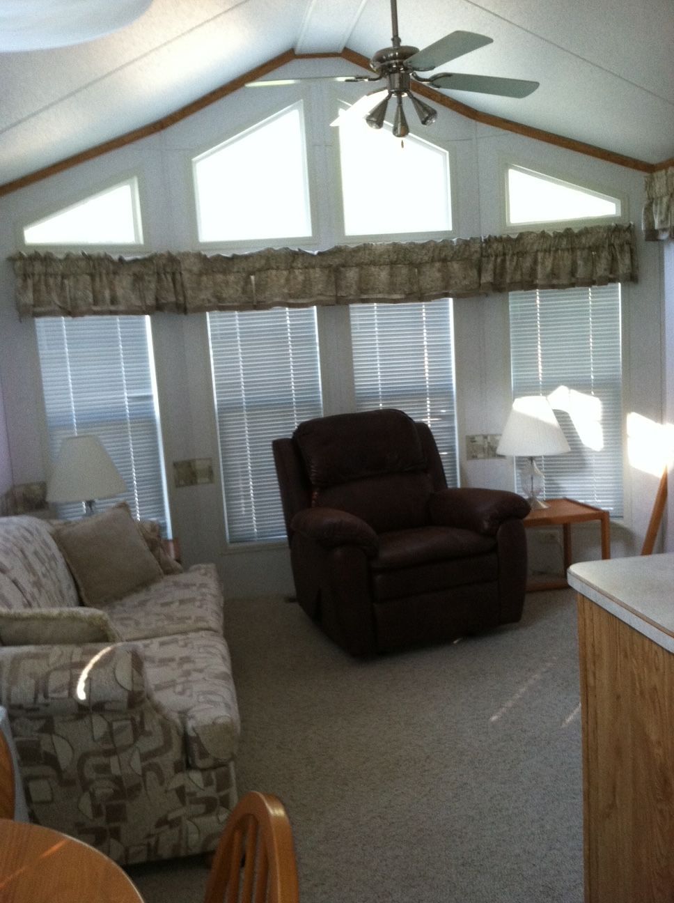Sunlit living room with vaulted ceiling, recliner, sofa, and windows with blinds and valance.
