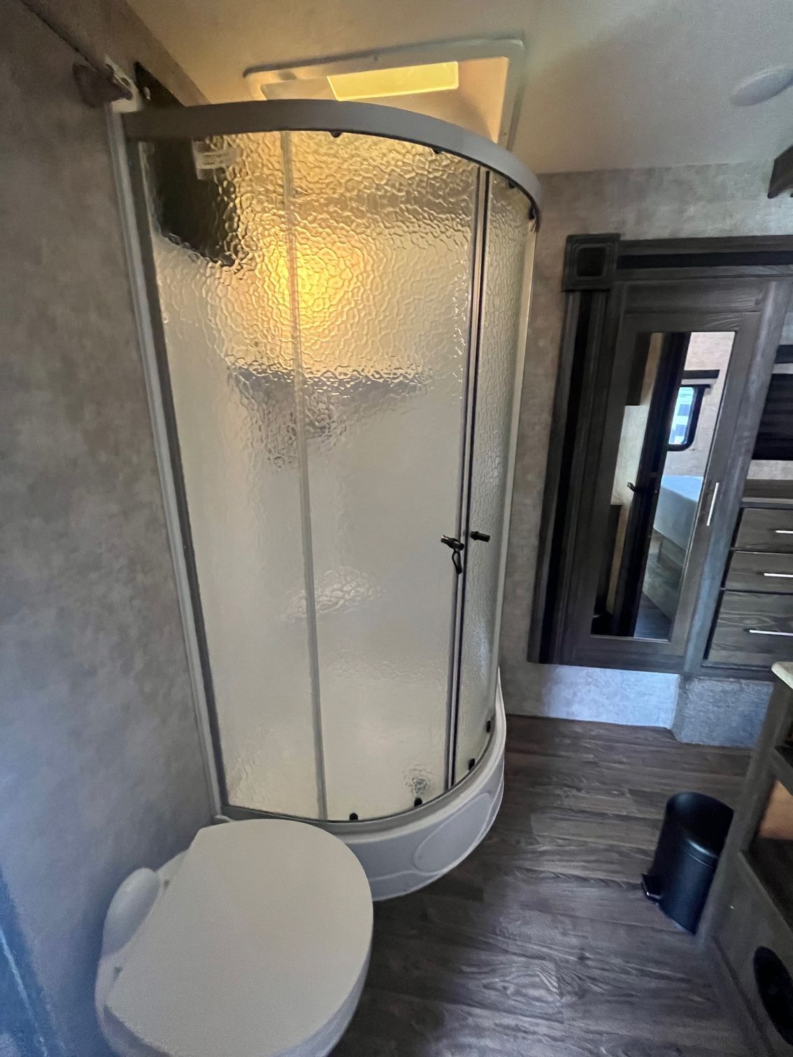 Curved glass shower stall and toilet in a modern bathroom with gray walls and wood-look flooring