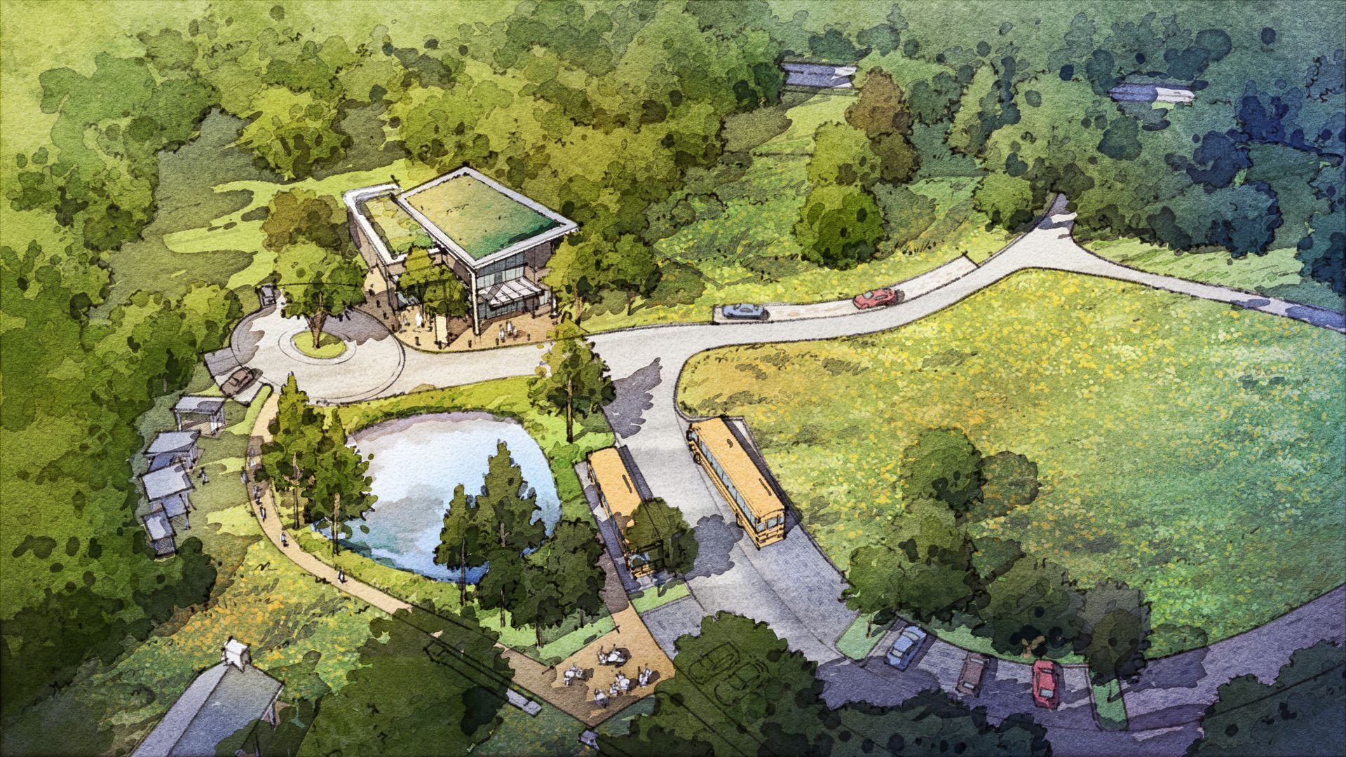 Aerial view of a park with a building, pond, parking, and trees. Cars and people are visible, green hues dominate.
