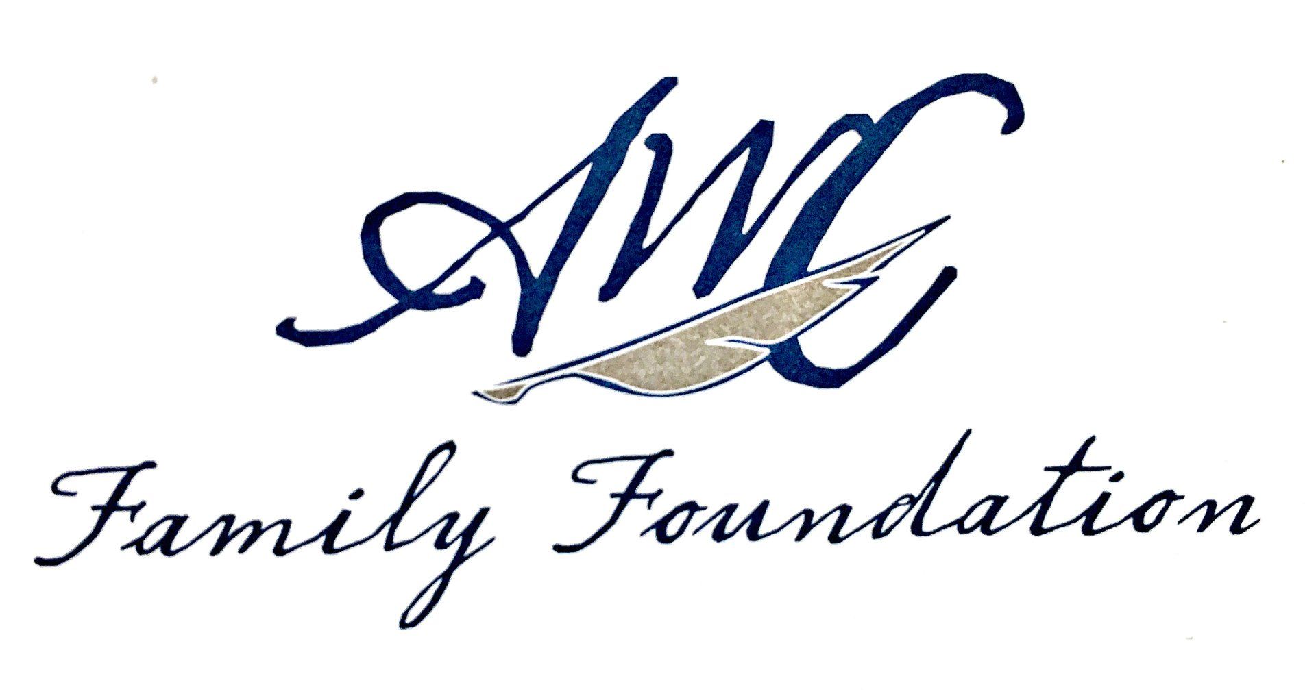 Logo for the AMC Family Foundation with dark blue stylized letters and a silver feather graphic above the text.