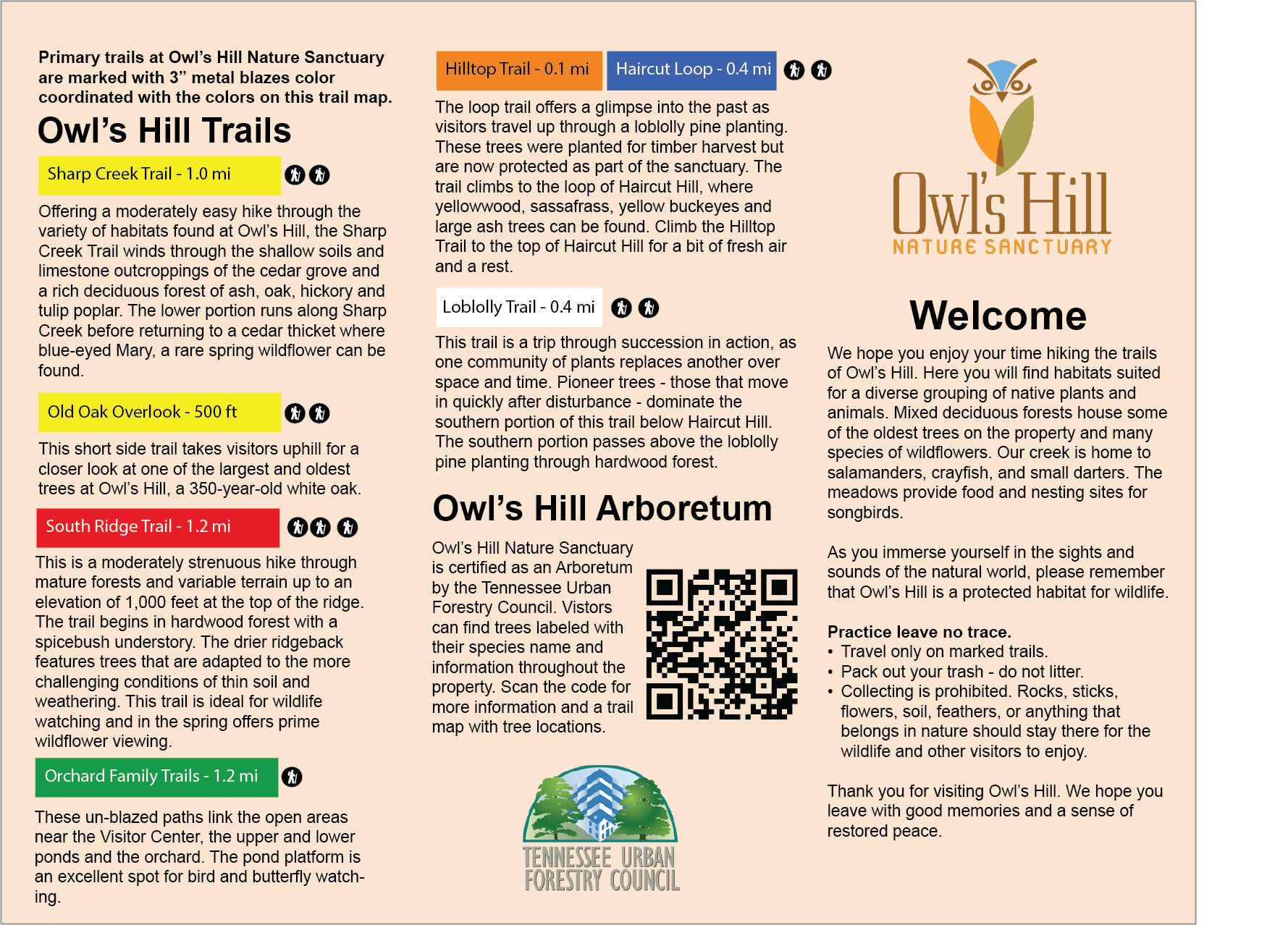 Brochure for Owl's Hill Nature Sanctuary with trail maps and arboretum information.