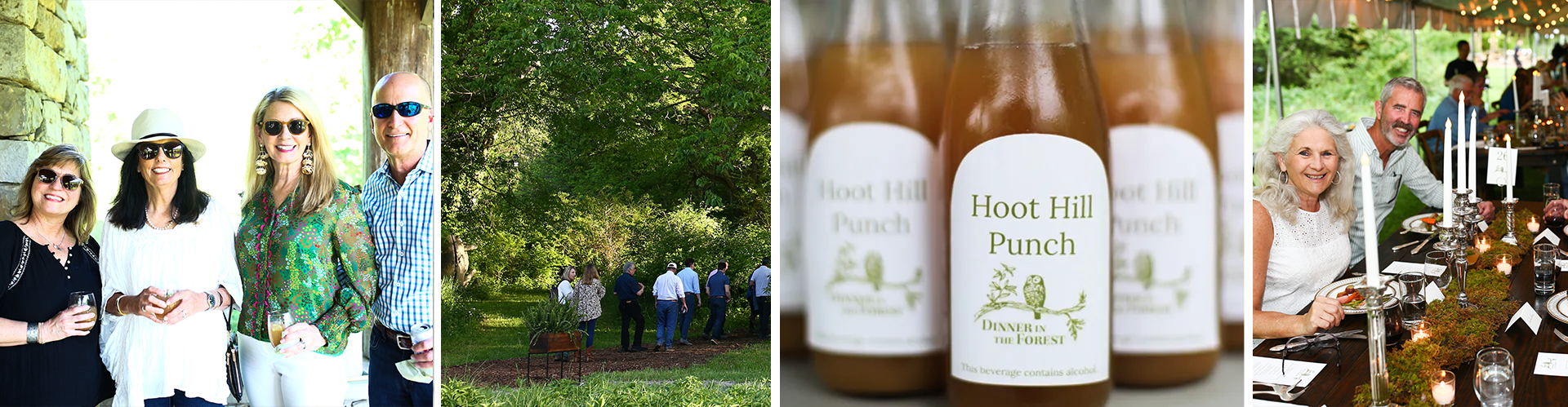 People at an outdoor gathering. Bottles of drinks and dining tables.