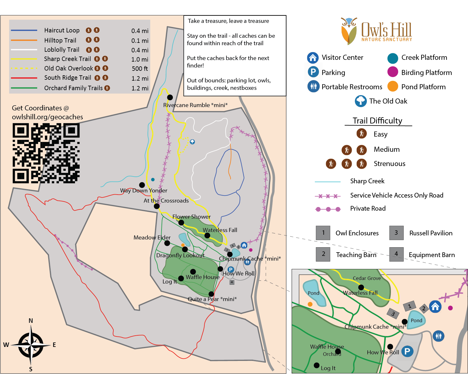 Map of Owls Hill with trails, parking, and points of interest.