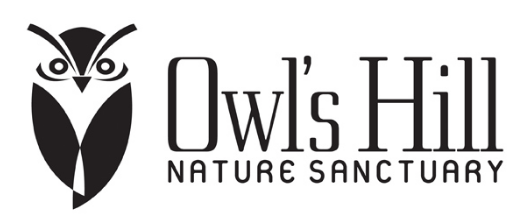 Logo for Owl's Hill Nature Sanctuary with an owl illustration and the organization's name.