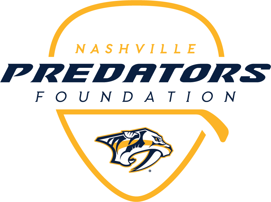 Logo for the Nashville Predators Foundation featuring the team's saber-toothed cat emblem inside a yellow guitar pick.